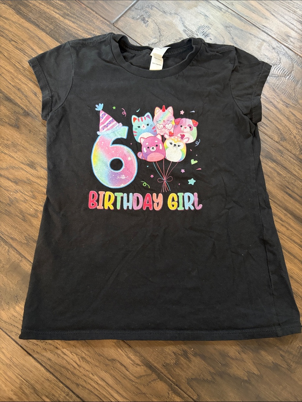 Squishmallows Black Short Sleeve "Birthday Girl" Tee with Rainbow Graphic